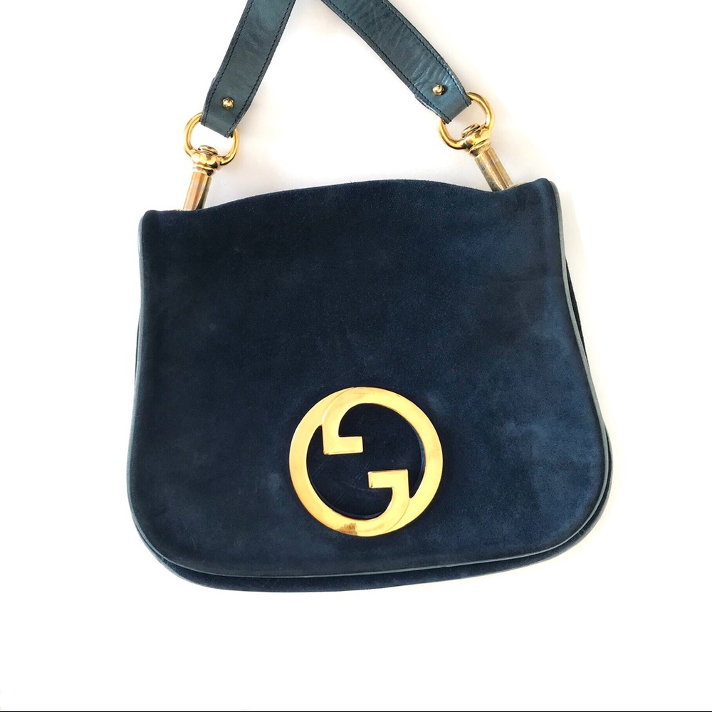 Gucci 1970’s Vintage Blue Suede Shoulder Bag Gold